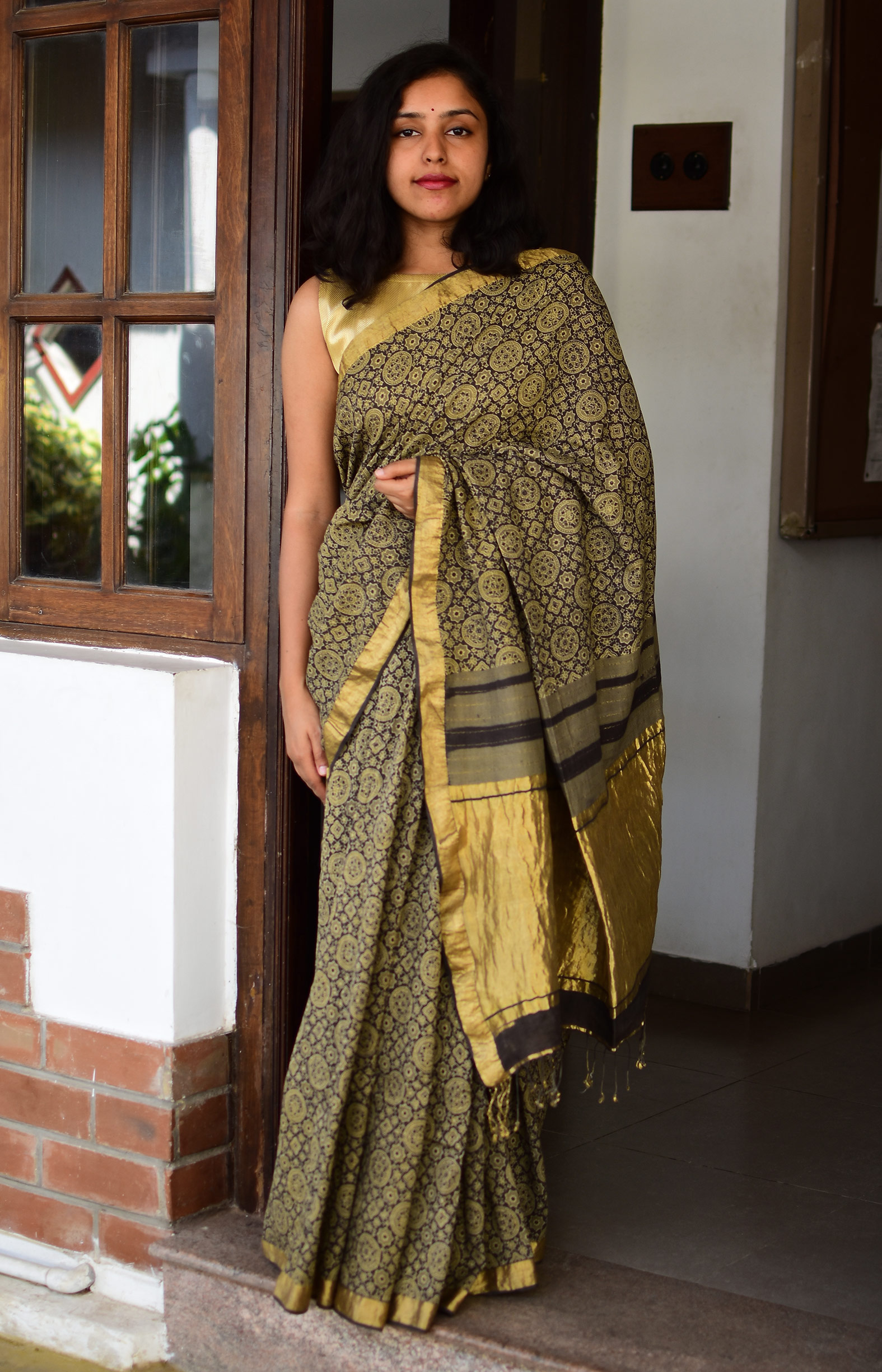 Brown &Yellow, Handwoven Organic Cotton, Textured Weave , Natural dye, Hand block printed, Occasion Wear, Jari, Ajrakh Saree